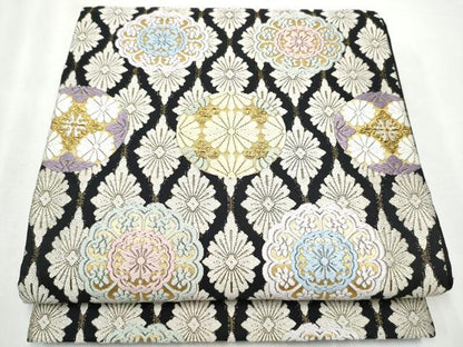 平和屋着物●六通柄袋帯　唐織　綴れ　花丸文　黒地　金糸　正絹　逸品　CABA5181hy