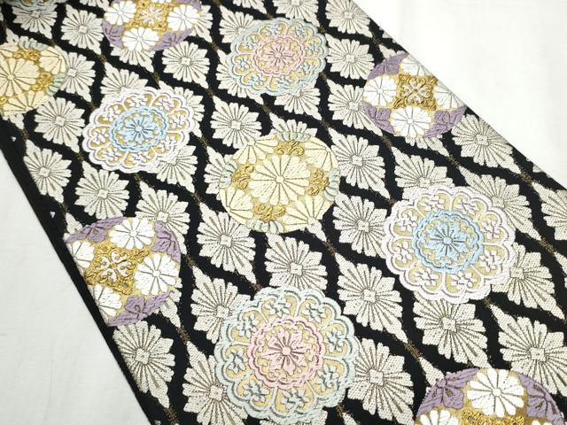 平和屋着物●六通柄袋帯　唐織　綴れ　花丸文　黒地　金糸　正絹　逸品　CABA5181hy