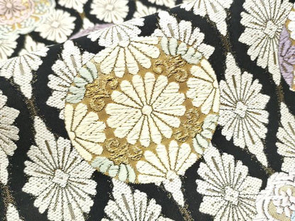 平和屋着物●六通柄袋帯　唐織　綴れ　花丸文　黒地　金糸　正絹　逸品　CABA5181hy