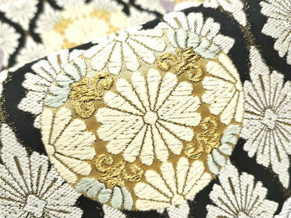 平和屋着物●六通柄袋帯　唐織　綴れ　花丸文　黒地　金糸　正絹　逸品　CABA5181hy