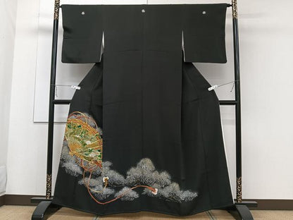 平和屋着物■豪華黒留袖　駒刺繍　檜扇鳳凰花文　金銀彩　正絹　逸品　CABA5235xi