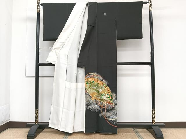 平和屋着物■豪華黒留袖　駒刺繍　檜扇鳳凰花文　金銀彩　正絹　逸品　CABA5235xi