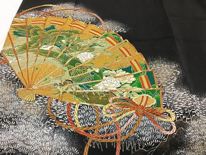 平和屋着物■豪華黒留袖　駒刺繍　檜扇鳳凰花文　金銀彩　正絹　逸品　CABA5235xi