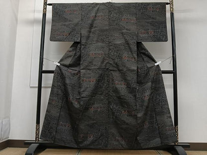 平和屋着物■上質な紬　風景文　黒地　正絹　逸品　CABA5297xi
