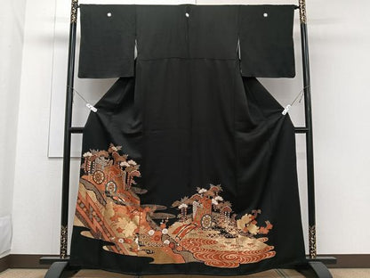 平和屋着物■豪華黒留袖　駒刺繍　御所車吉祥花文　金彩　正絹　逸品　CABA5397xi