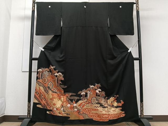 平和屋着物■豪華黒留袖　駒刺繍　御所車吉祥花文　金彩　正絹　逸品　CABA5397xi