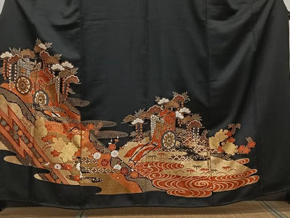 平和屋着物■豪華黒留袖　駒刺繍　御所車吉祥花文　金彩　正絹　逸品　CABA5397xi