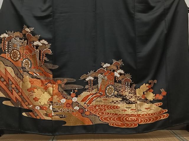 平和屋着物■豪華黒留袖　駒刺繍　御所車吉祥花文　金彩　正絹　逸品　CABA5397xi
