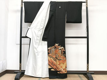 平和屋着物■豪華黒留袖　駒刺繍　御所車吉祥花文　金彩　正絹　逸品　CABA5397xi