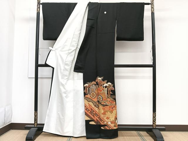 平和屋着物■豪華黒留袖　駒刺繍　御所車吉祥花文　金彩　正絹　逸品　CABA5397xi