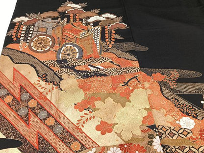 平和屋着物■豪華黒留袖　駒刺繍　御所車吉祥花文　金彩　正絹　逸品　CABA5397xi