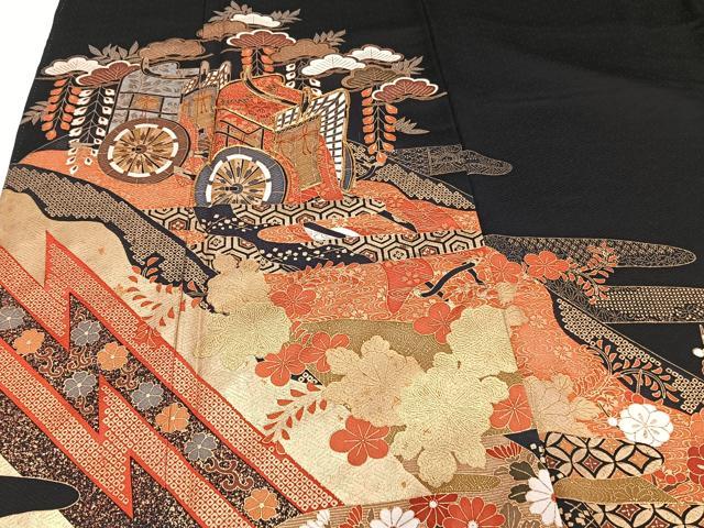 平和屋着物■豪華黒留袖　駒刺繍　御所車吉祥花文　金彩　正絹　逸品　CABA5397xi