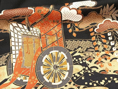 平和屋着物■豪華黒留袖　駒刺繍　御所車吉祥花文　金彩　正絹　逸品　CABA5397xi