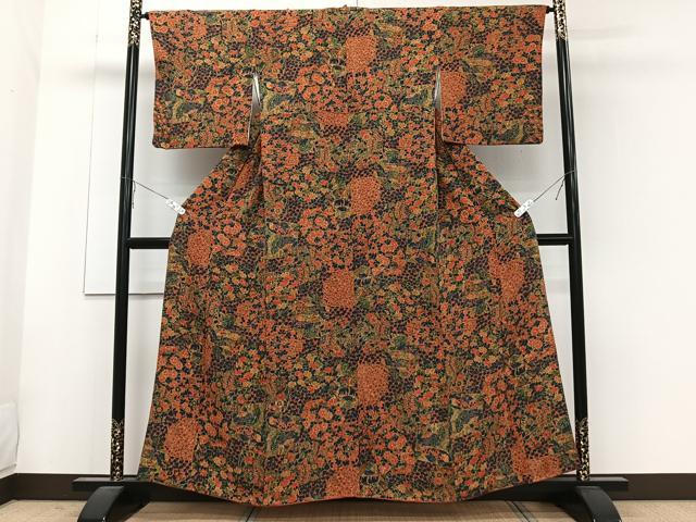 平和屋着物■上質な小紋　切嵌扇面草花文　鬼しぼ縮緬　正絹　逸品　CABA5546xi
