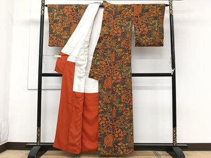 平和屋着物■上質な小紋　切嵌扇面草花文　鬼しぼ縮緬　正絹　逸品　CABA5546xi