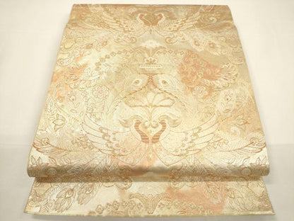 平和屋着物▼六通柄　本袋帯　更紗孔雀吉祥花文　金糸　引箔　正絹　逸品　CABA5728ak