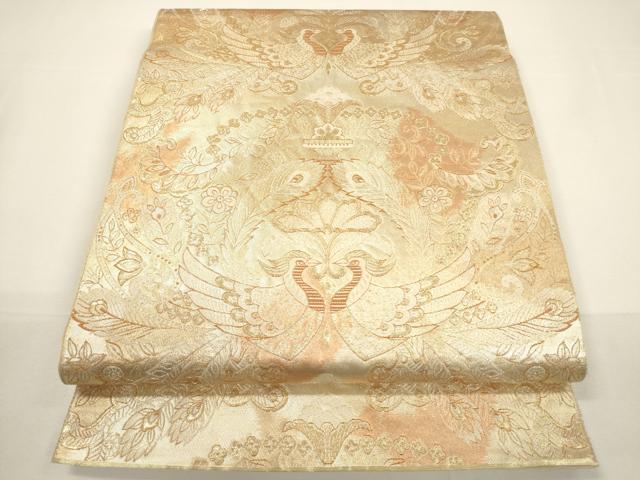 平和屋着物▼六通柄　本袋帯　更紗孔雀吉祥花文　金糸　引箔　正絹　逸品　CABA5728ak