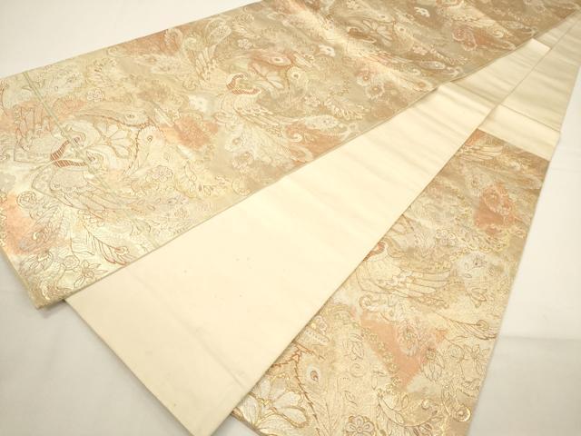 平和屋着物▼六通柄　本袋帯　更紗孔雀吉祥花文　金糸　引箔　正絹　逸品　CABA5728ak