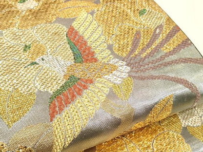 平和屋着物▼六通柄袋帯　唐織　絢錦　四次元箔　椿尾長鳥文　金銀糸　正絹　逸品　CABA5741ak