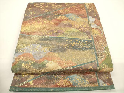 平和屋着物▼六通柄袋帯　箔散らし遠山花鳥文　金糸　引箔　正絹　逸品　CABA5755ak