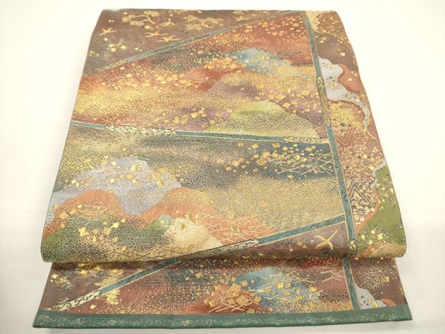 平和屋着物▼六通柄袋帯　箔散らし遠山花鳥文　金糸　引箔　正絹　逸品　CABA5755ak