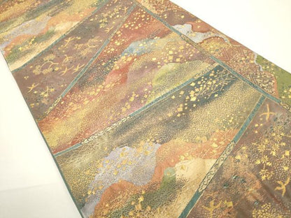 平和屋着物▼六通柄袋帯　箔散らし遠山花鳥文　金糸　引箔　正絹　逸品　CABA5755ak