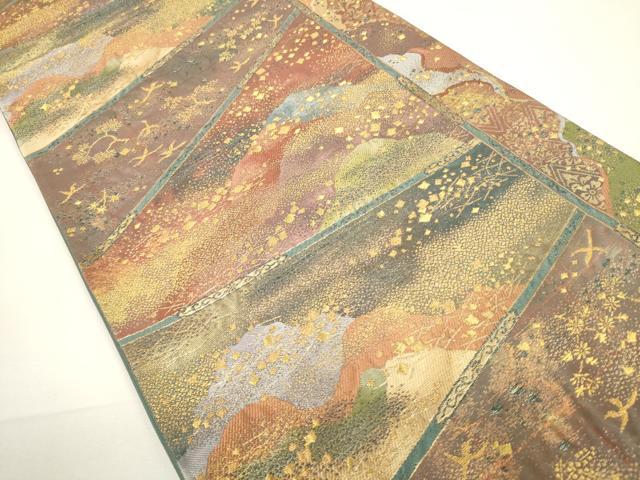 平和屋着物▼六通柄袋帯　箔散らし遠山花鳥文　金糸　引箔　正絹　逸品　CABA5755ak