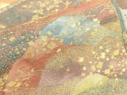 平和屋着物▼六通柄袋帯　箔散らし遠山花鳥文　金糸　引箔　正絹　逸品　CABA5755ak