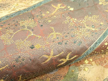 平和屋着物▼六通柄袋帯　箔散らし遠山花鳥文　金糸　引箔　正絹　逸品　CABA5755ak