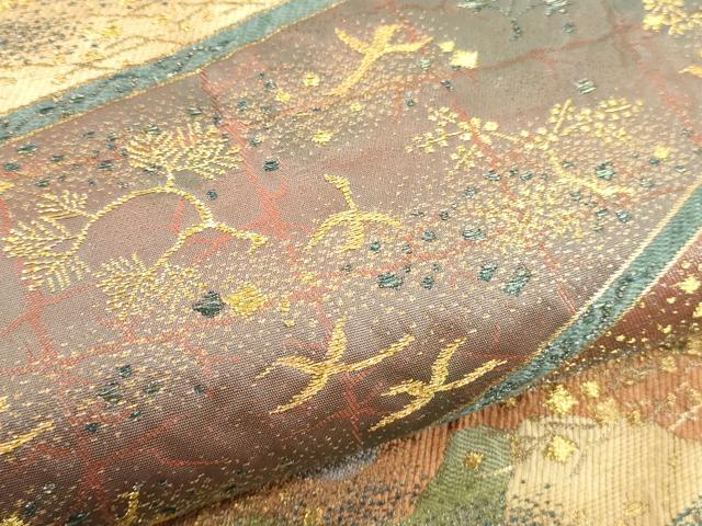 平和屋着物▼六通柄袋帯　箔散らし遠山花鳥文　金糸　引箔　正絹　逸品　CABA5755ak