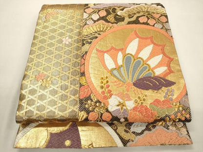 平和屋着物▼佐賀錦 六通柄袋帯 唐織 松藤蝶丸紋 金糸 正絹 逸品 CABA5916ak