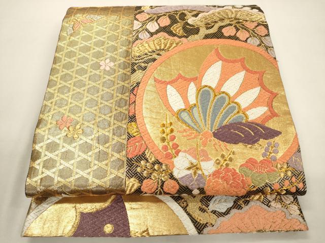 平和屋着物▼佐賀錦 六通柄袋帯 唐織 松藤蝶丸紋 金糸 正絹 逸品 CABA5916ak