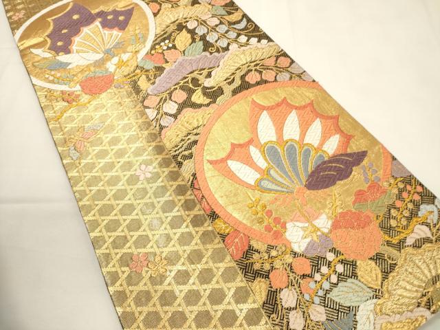 平和屋着物▼佐賀錦 六通柄袋帯 唐織 松藤蝶丸紋 金糸 正絹 逸品 CABA5916ak
