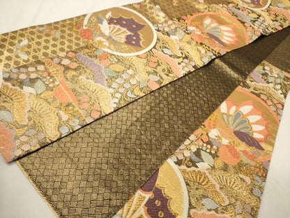 平和屋着物▼佐賀錦 六通柄袋帯 唐織 松藤蝶丸紋 金糸 正絹 逸品 CABA5916ak