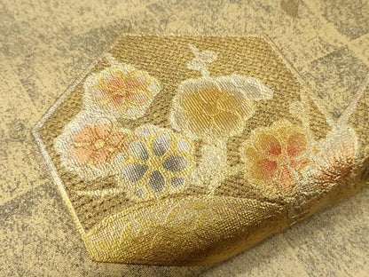 平和屋着物▼太鼓柄袋帯 亀甲草花文 金銀彩 引箔 正絹 逸品 CABA5917ak