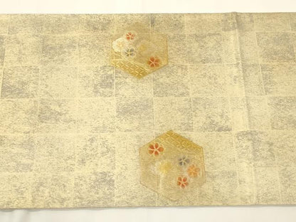 平和屋着物▼太鼓柄袋帯 亀甲草花文 金銀彩 引箔 正絹 逸品 CABA5917ak