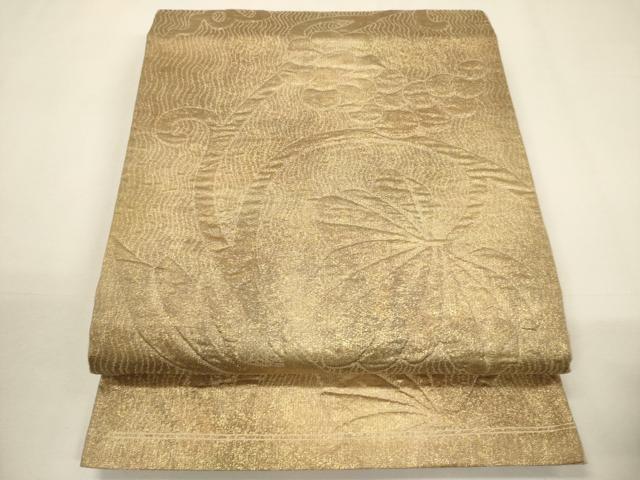 平和屋着物▼六通柄袋帯 ふくれ織 葡萄蔦の葉文 金糸 引箔 正絹 逸品 CABA5985ak