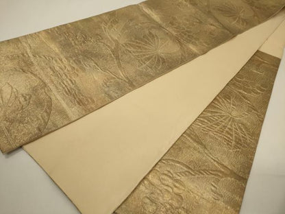 平和屋着物▼六通柄袋帯 ふくれ織 葡萄蔦の葉文 金糸 引箔 正絹 逸品 CABA5985ak