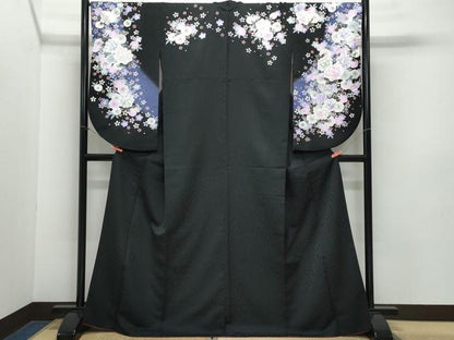 平和屋着物●小振袖　二尺袖　刺繍　舞花文　黒地　金彩　洗える着物　CABA6087vf