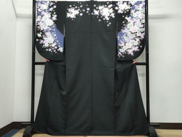 平和屋着物●小振袖　二尺袖　刺繍　舞花文　黒地　金彩　洗える着物　CABA6087vf