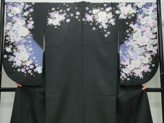 平和屋着物●小振袖　二尺袖　刺繍　舞花文　黒地　金彩　洗える着物　CABA6087vf