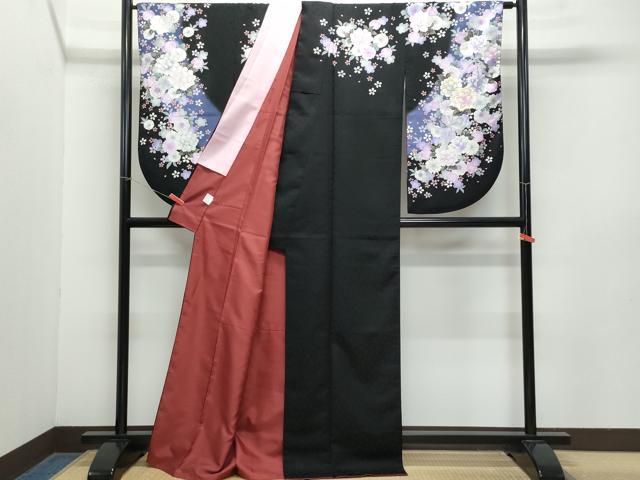 平和屋着物●小振袖　二尺袖　刺繍　舞花文　黒地　金彩　洗える着物　CABA6087vf