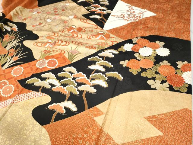 平和屋着物○豪華振袖 駒刺繍 流水鴛鴦橘草花文 黒地 金彩 正絹