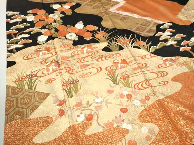 平和屋着物○豪華振袖 駒刺繍 流水鴛鴦橘草花文 黒地 金彩 正絹
