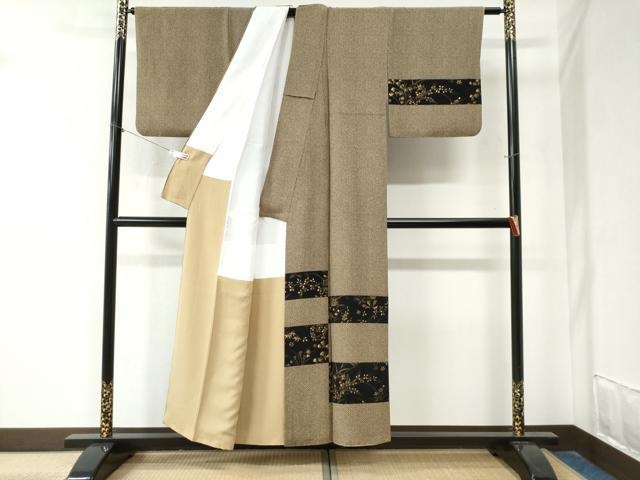 平和屋着物○訪問着 鹿の子文様 変わり市松万寿菊草花文 黒地 金彩