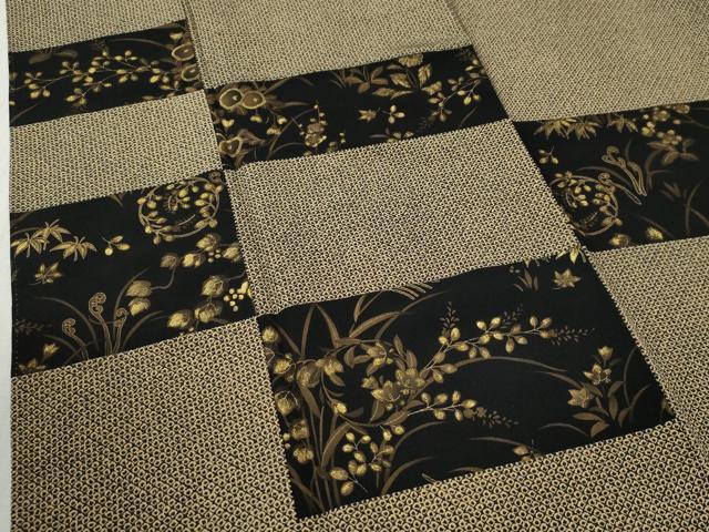 平和屋着物○訪問着 鹿の子文様 変わり市松万寿菊草花文 黒地 金彩