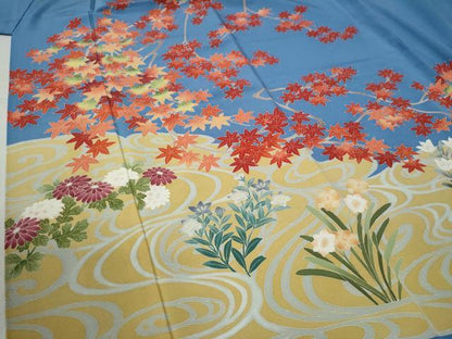 平和屋着物●本加賀友禅作家　鶴見保次　訪問着　竜田川草花文　薄花色　三越扱い　正絹　逸品　CABA6203yc