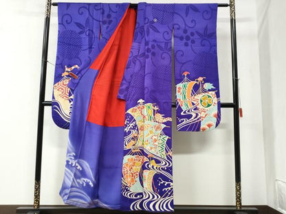 平和屋着物●アンティーク　大正ロマン　振袖　立波帆船吉祥花唐草文　金彩　正絹　逸品　CABA6219yc