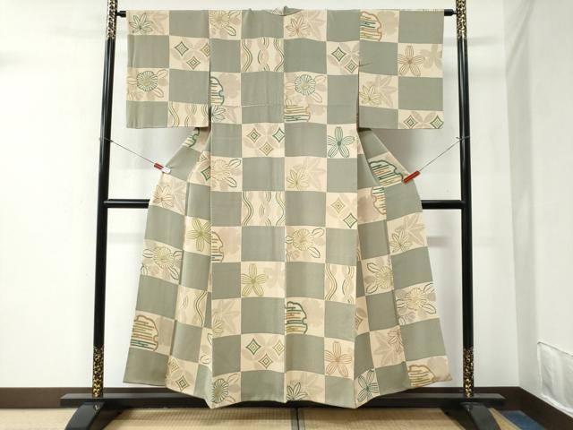 平和屋着物●上質な小紋　市松吉祥草花文　鬼しぼ縮緬　正絹　逸品　CABA6267yc 平和屋着物○上質な小紋 市松吉祥草花文 鬼しぼ縮緬 正絹 逸品