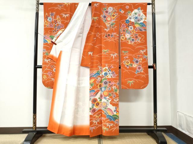 平和屋着物○豪華振袖 型染め 竜田川笹梅花文 鬼しぼ縮緬 正絹